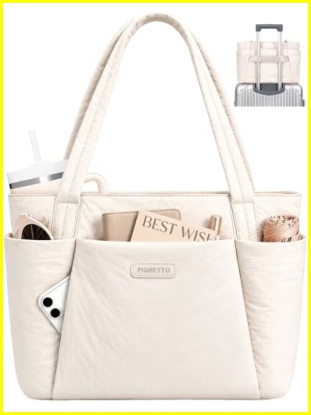 Nylon Puffer Tote Bag, Laptop Work Travel Carry-On with Pockets